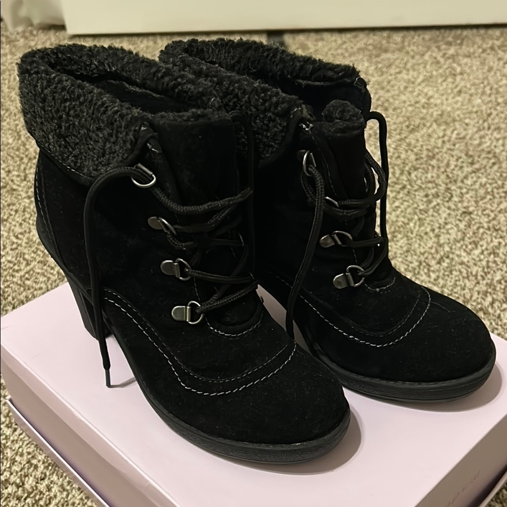 Xappeal Black Heeled Ankle Boots with Fur Trim